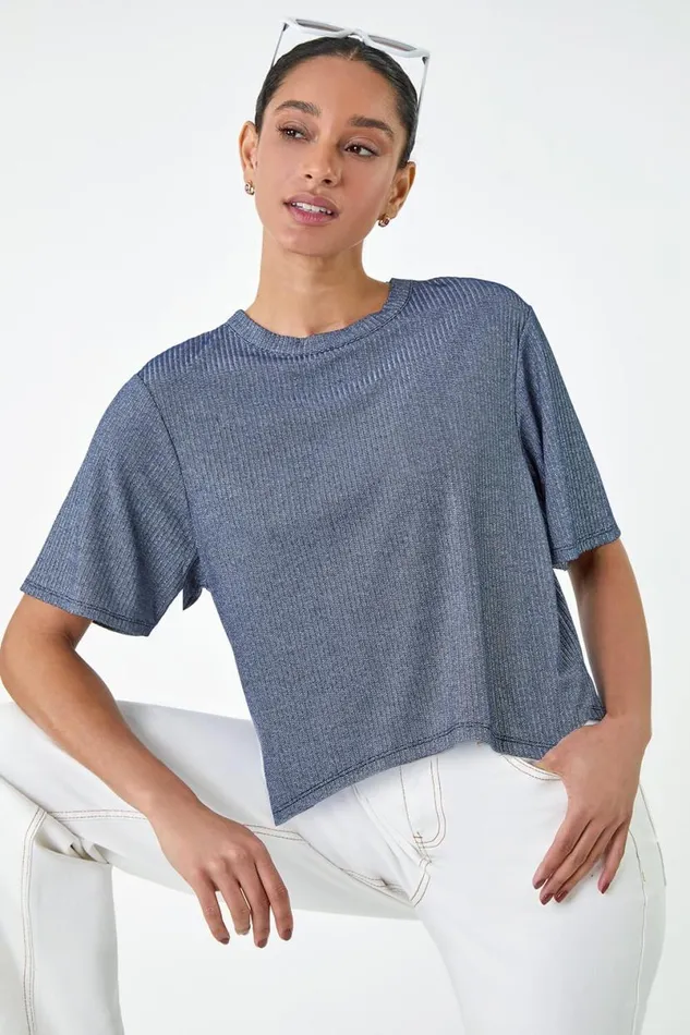 Steel Blue Metallic Shimmer Ribbed Stretch TShirt Women Roman Tops