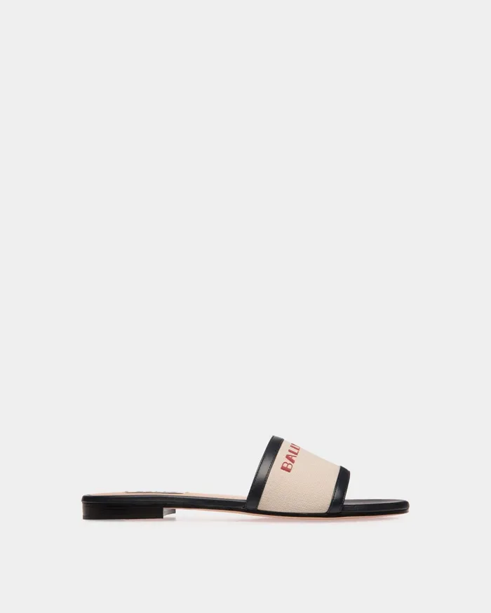 Summer Capsule Slide In Natural And Navy Blue Canvas And Leather Women Bally Sandals