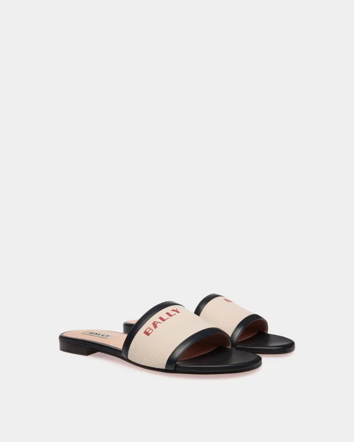 Summer Capsule Slide In Natural And Navy Blue Canvas And Leather Women Bally Sandals