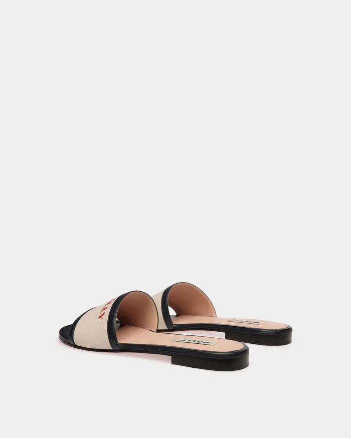Summer Capsule Slide In Natural And Navy Blue Canvas And Leather Women Bally Sandals