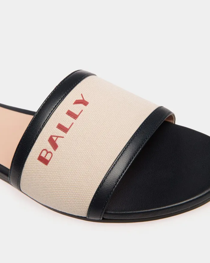 Summer Capsule Slide In Natural And Navy Blue Canvas And Leather Women Bally Sandals