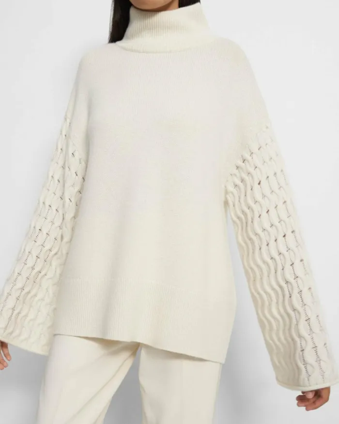Sweaters Cardigans Women Theory CableSleeve Pullover In Cashmere Ivory Sweaters Cardigans Women Theory CableSleeve Pullover In Cashmere Ivory