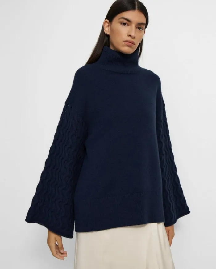 Sweaters Cardigans Women Theory CableSleeve Pullover In Cashmere Navy
