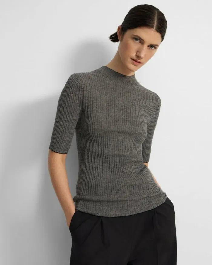 Sweaters Cardigans Women Theory Leenda Mock Neck Sweater In Regal Wool BlackClassic Khaki