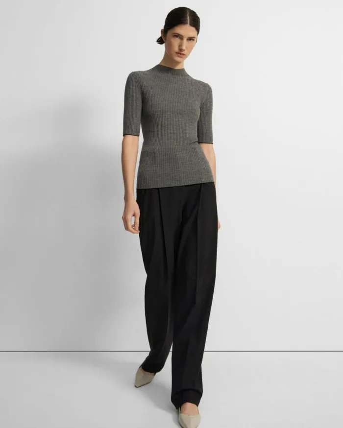 Sweaters Cardigans Women Theory Leenda Mock Neck Sweater In Regal Wool BlackClassic Khaki