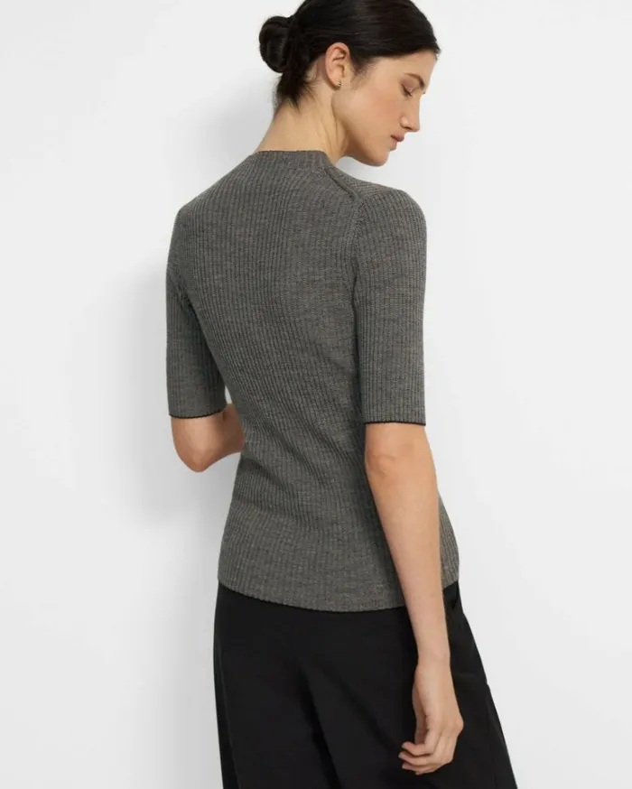 Sweaters Cardigans Women Theory Leenda Mock Neck Sweater In Regal Wool BlackClassic Khaki