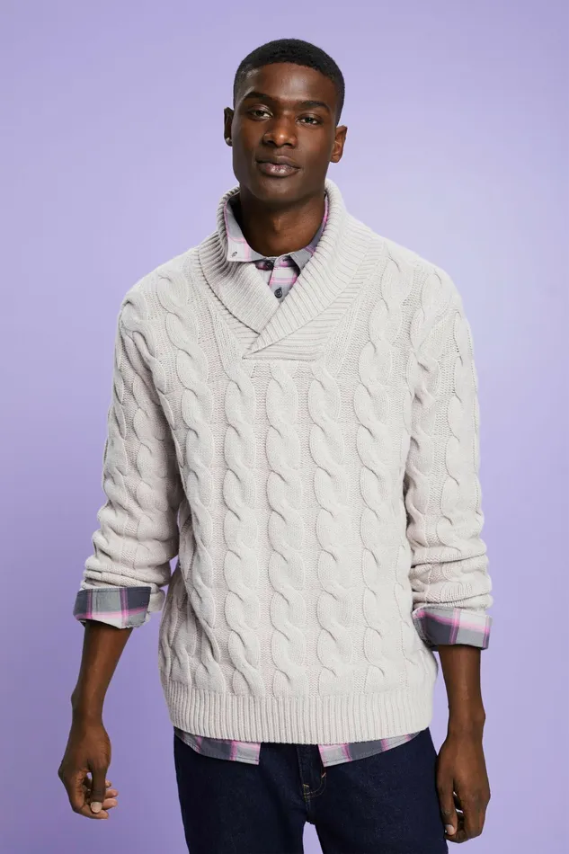 Sweaters Men Esprit Cable Knit Wool Shawl Sweater Light Taupe