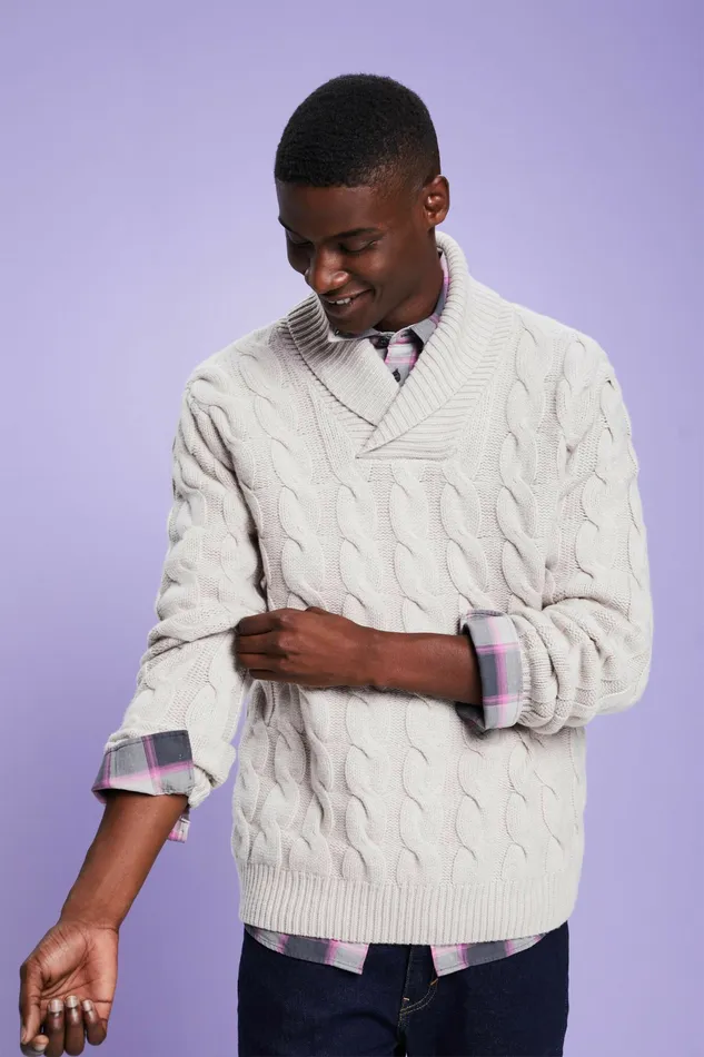 Sweaters Men Esprit Cable Knit Wool Shawl Sweater Light Taupe