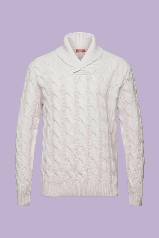 Sweaters Men Esprit Cable Knit Wool Shawl Sweater Light Taupe