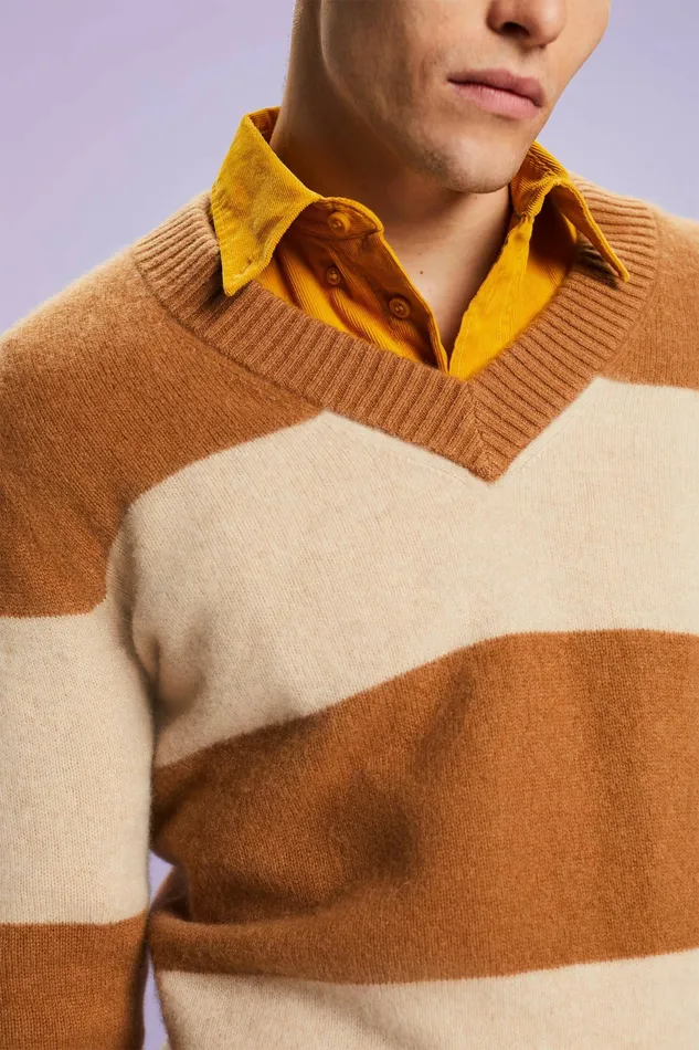 Sweaters Men Esprit Cashmere VNeck Rugby Stripe Sweater Brown