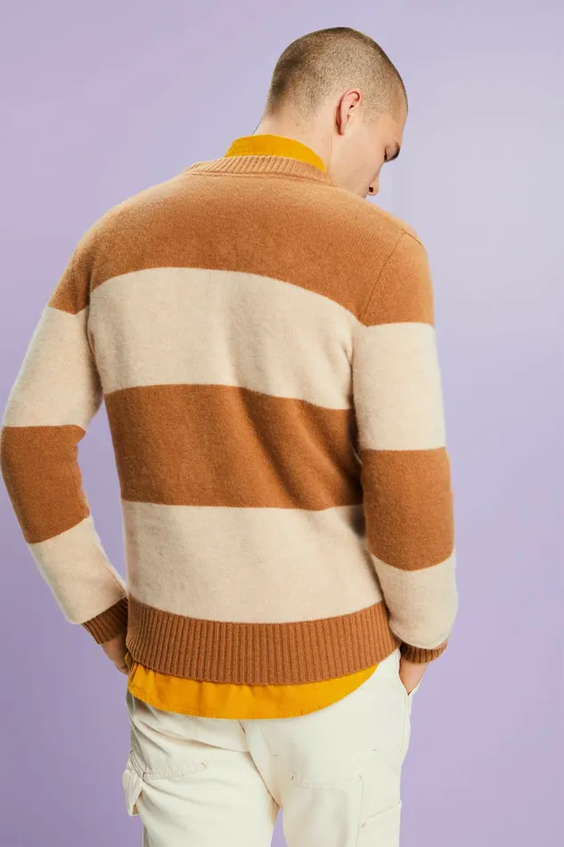 Sweaters Men Esprit Cashmere VNeck Rugby Stripe Sweater Brown