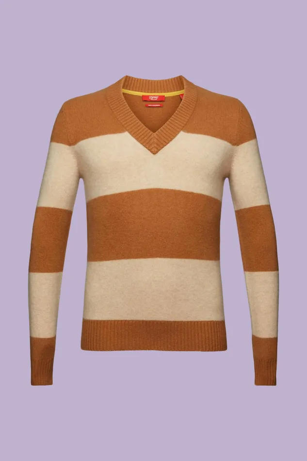 Sweaters Men Esprit Cashmere VNeck Rugby Stripe Sweater Brown