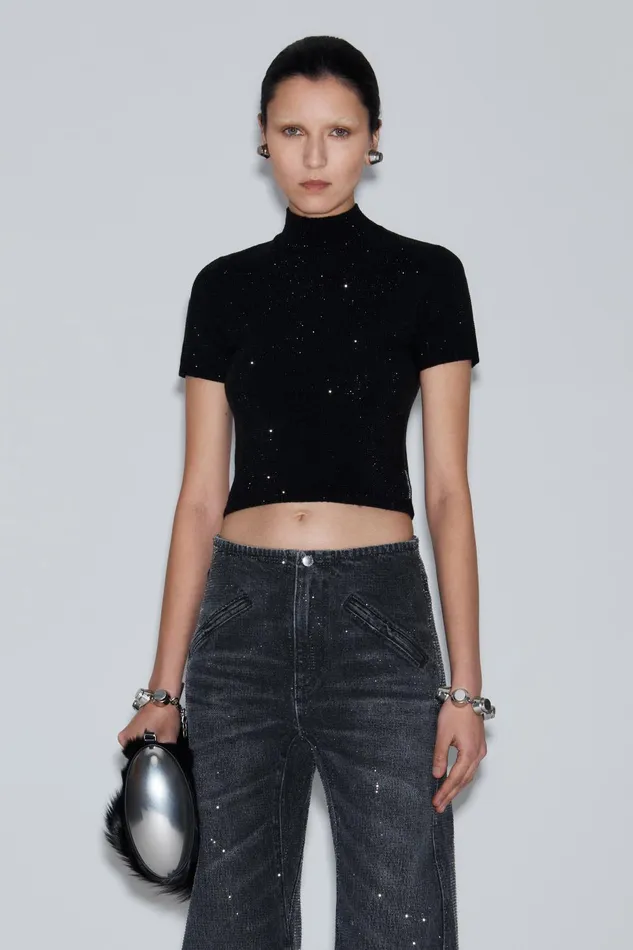 Sweaters Women Alexander Wang Crystal Hotfix Mock Neck Top