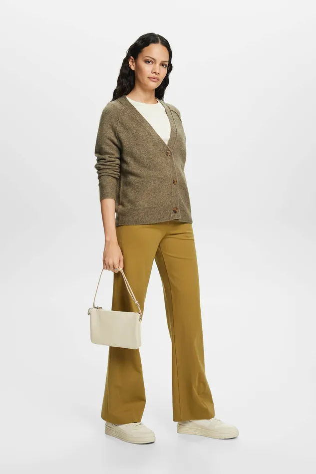 Sweaters Women Esprit Buttoned VNeck Cardigan Wool Blend Khaki Green