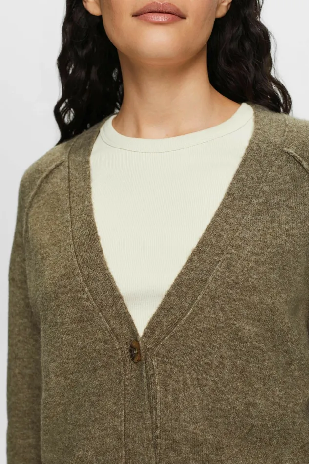 Sweaters Women Esprit Buttoned VNeck Cardigan Wool Blend Khaki Green