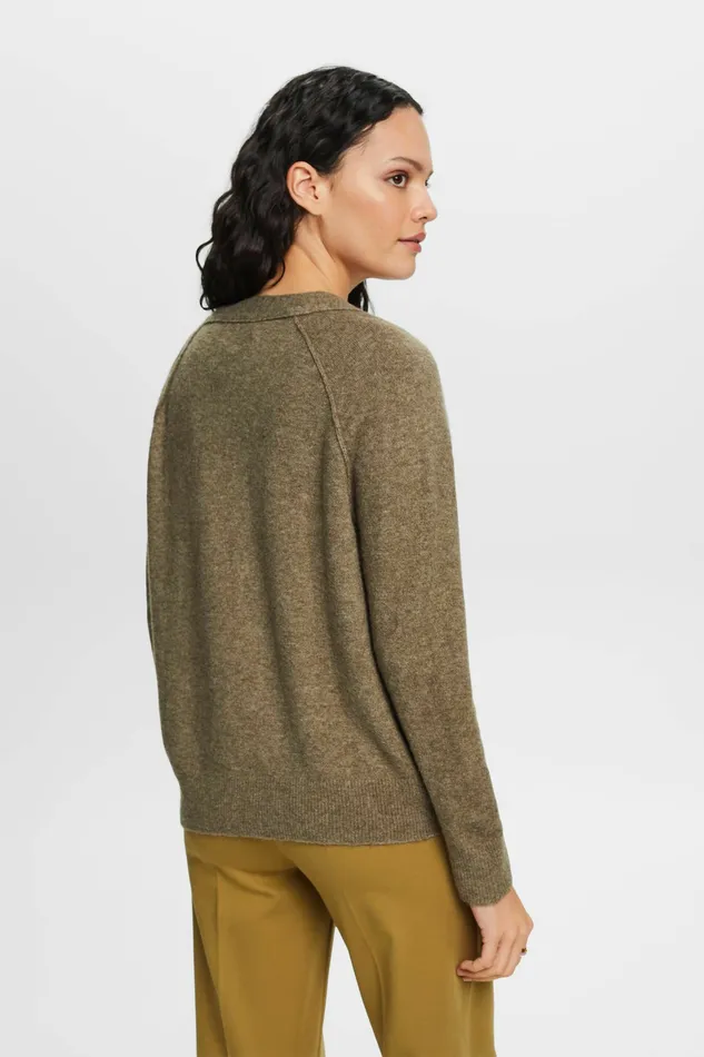 Sweaters Women Esprit Buttoned VNeck Cardigan Wool Blend Khaki Green