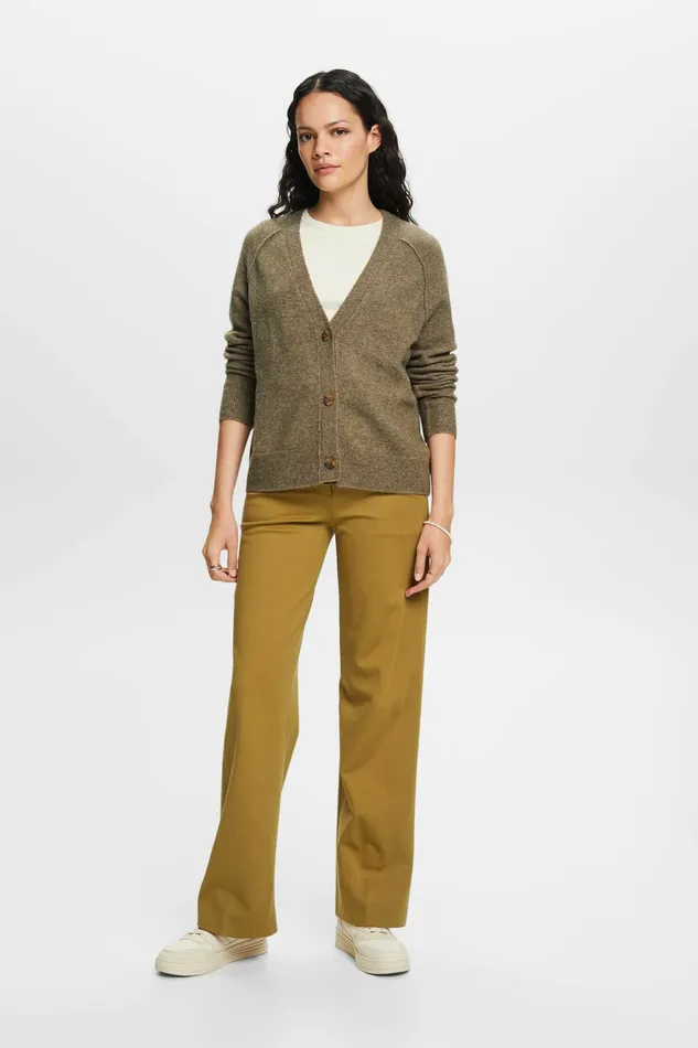 Sweaters Women Esprit Buttoned VNeck Cardigan Wool Blend Khaki Green