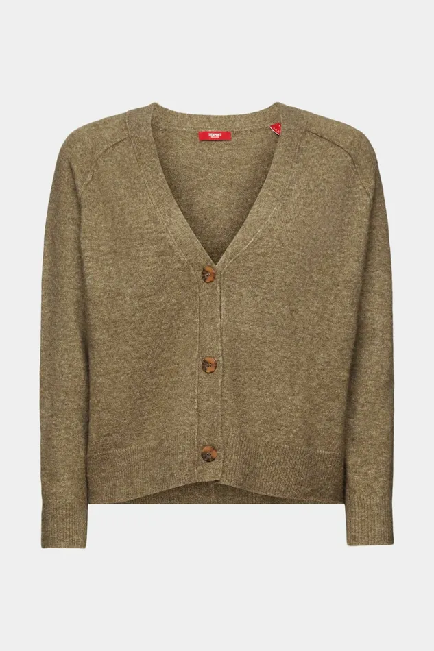 Sweaters Women Esprit Buttoned VNeck Cardigan Wool Blend Khaki Green
