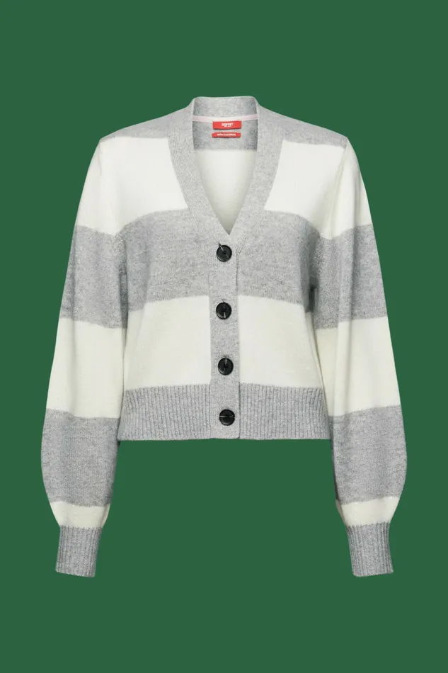 Sweaters Women Esprit Cashmere VNeck Rugby Stripe Cardigan Light Grey