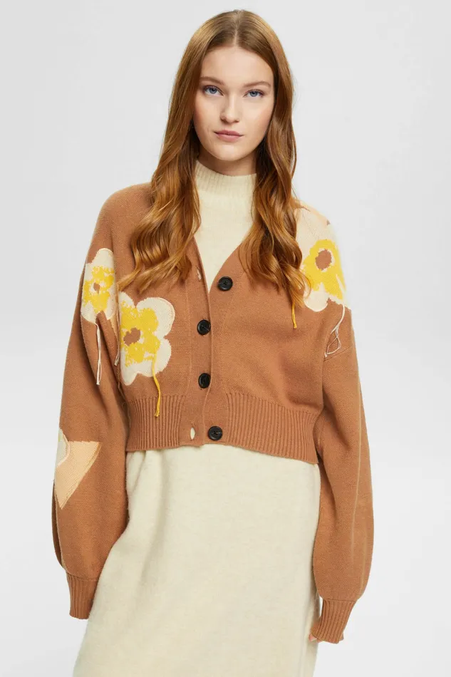 Sweaters Women Esprit Floral Jacquard Knit Cardigan Toffee