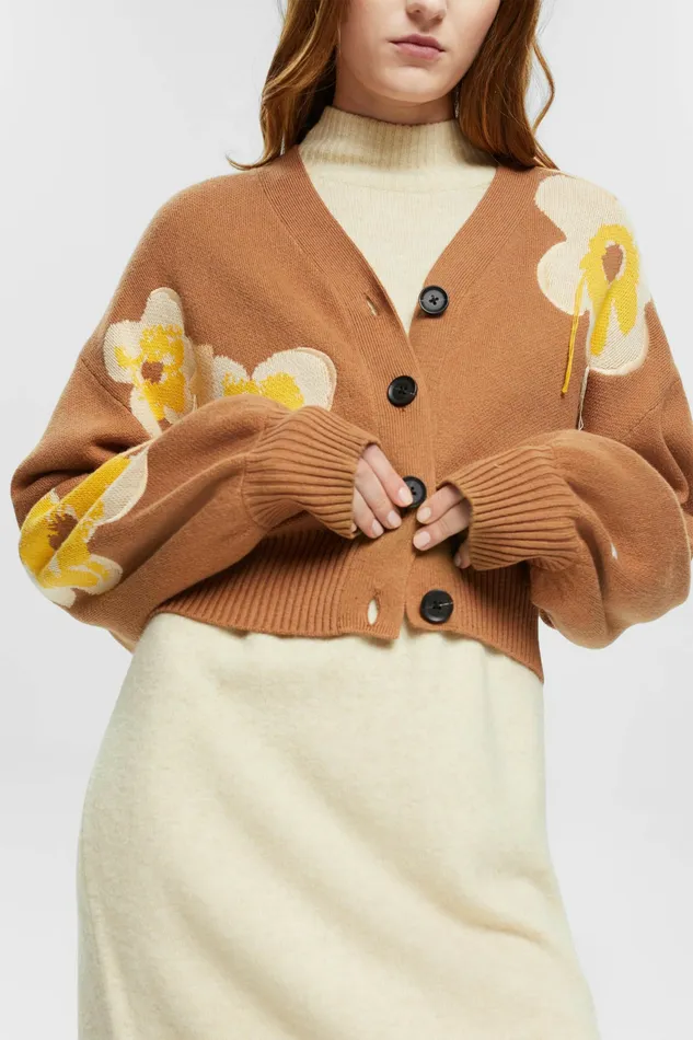 Sweaters Women Esprit Floral Jacquard Knit Cardigan Toffee
