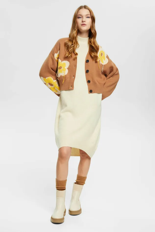Sweaters Women Esprit Floral Jacquard Knit Cardigan Toffee