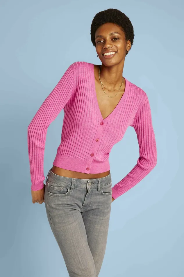Sweaters Women Esprit RibKnit Merino Wool Cardigan Pink Fuchsia 5
