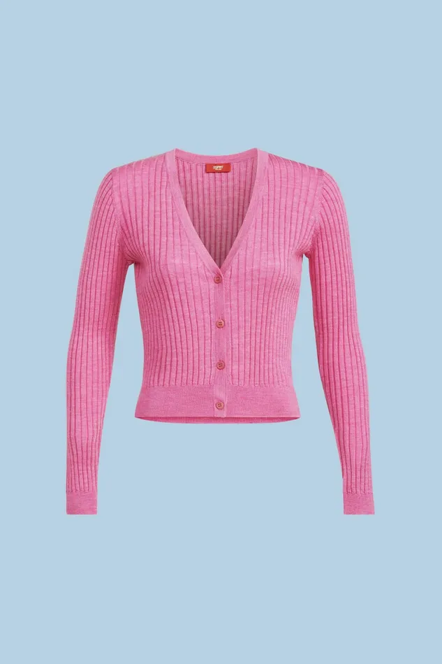 Sweaters Women Esprit RibKnit Merino Wool Cardigan Pink Fuchsia 5