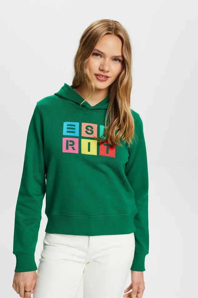 Sweatshirts Hoodies Women Esprit Organic Cotton Embroidered Logo Hoodie Dark Green