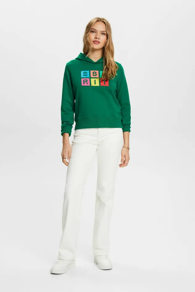 Sweatshirts Hoodies Women Esprit Organic Cotton Embroidered Logo Hoodie Dark Green