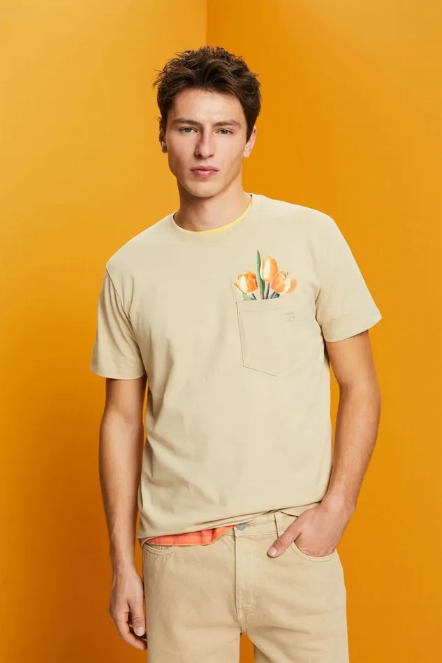 TShirts Polos Men Esprit Jersey TShirt With A Print 100 Cotton Khaki Beige