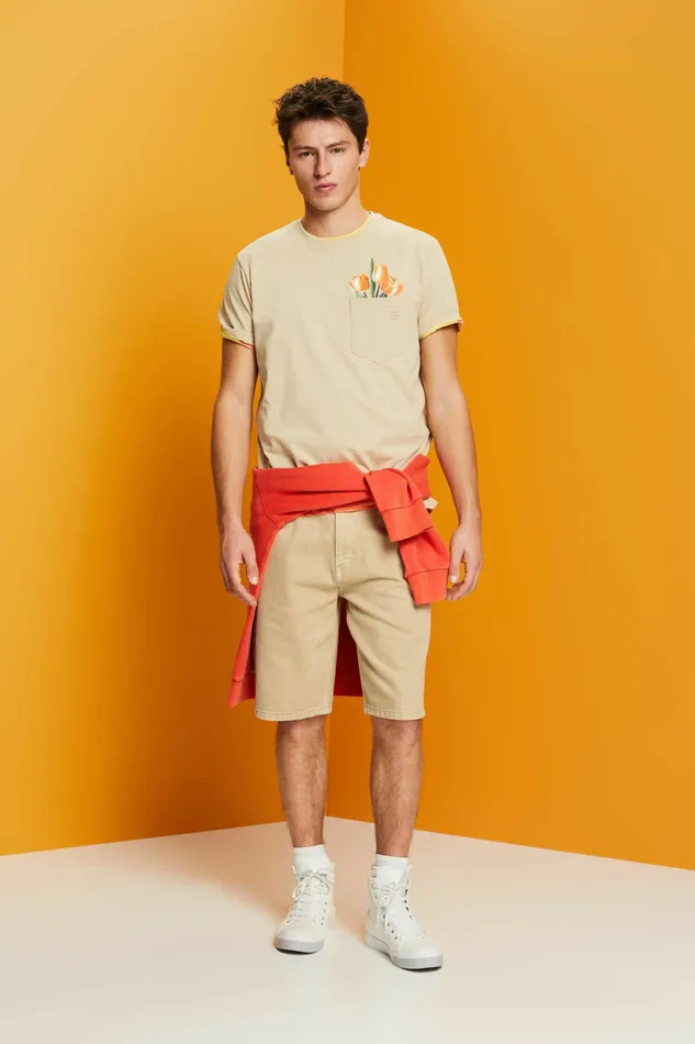 TShirts Polos Men Esprit Jersey TShirt With A Print 100 Cotton Khaki Beige
