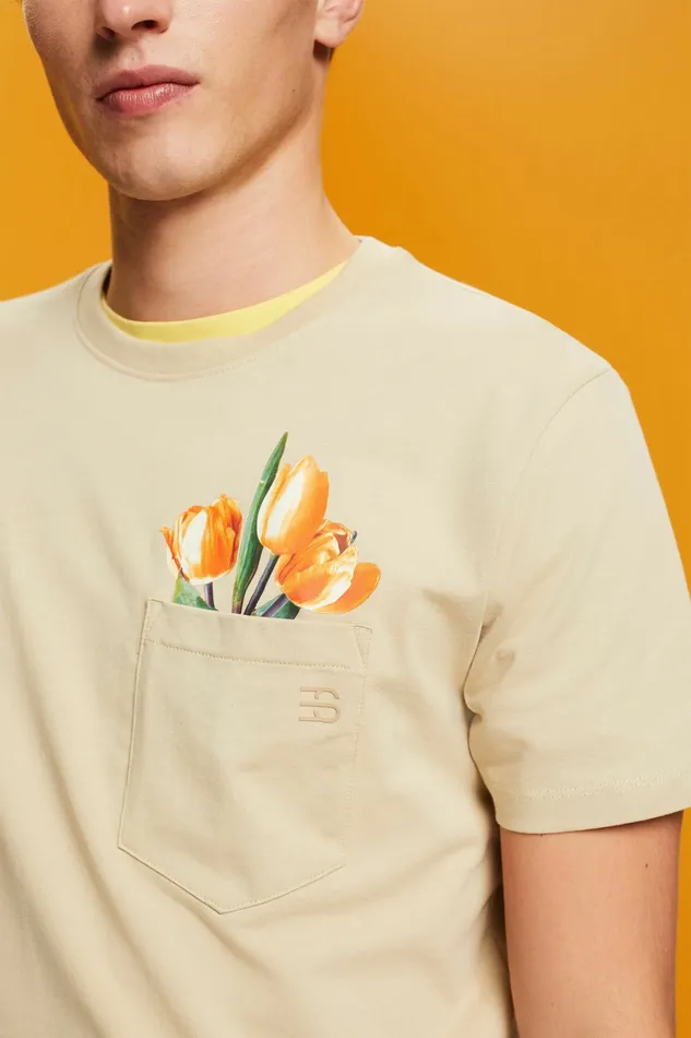 TShirts Polos Men Esprit Jersey TShirt With A Print 100 Cotton Khaki Beige