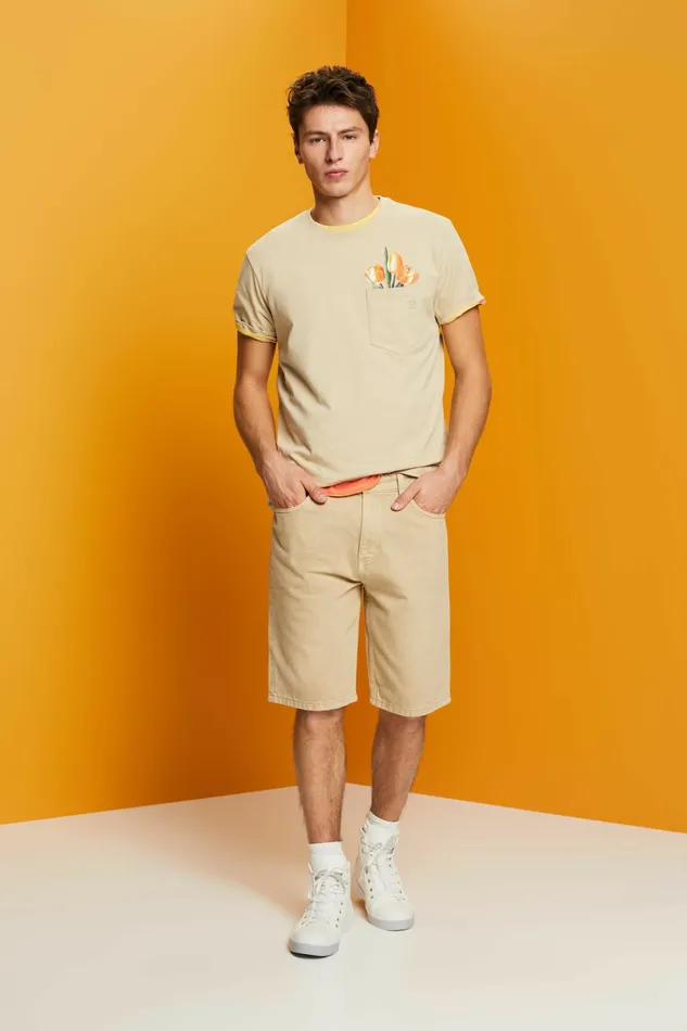 TShirts Polos Men Esprit Jersey TShirt With A Print 100 Cotton Khaki Beige
