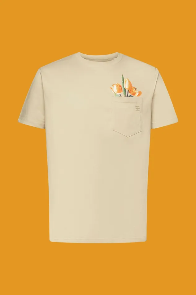 TShirts Polos Men Esprit Jersey TShirt With A Print 100 Cotton Khaki Beige