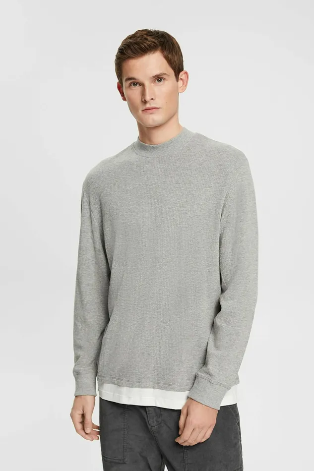 TShirts Polos Men Esprit Ribbed Long Sleeve Top Light Grey