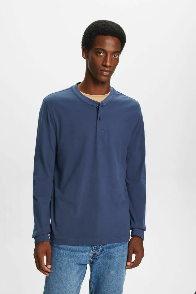 TShirts Polos Men Esprit Washed Cotton Jersey Henley Grey Blue