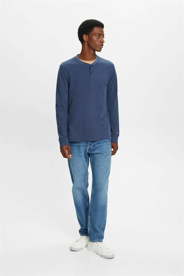 TShirts Polos Men Esprit Washed Cotton Jersey Henley Grey Blue