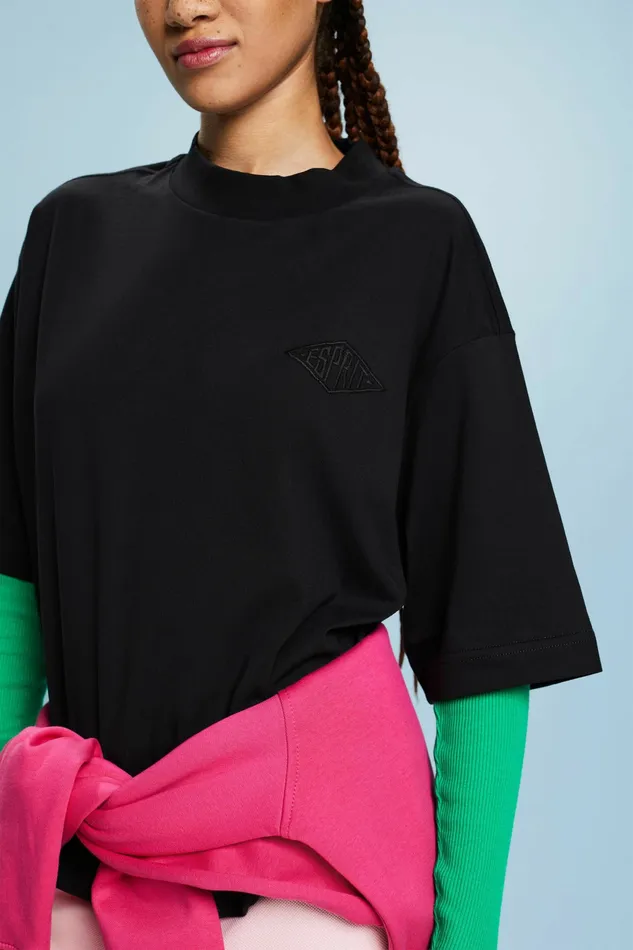 TShirts Tops Women Esprit Cotton Mock Neck Logo TShirt Black