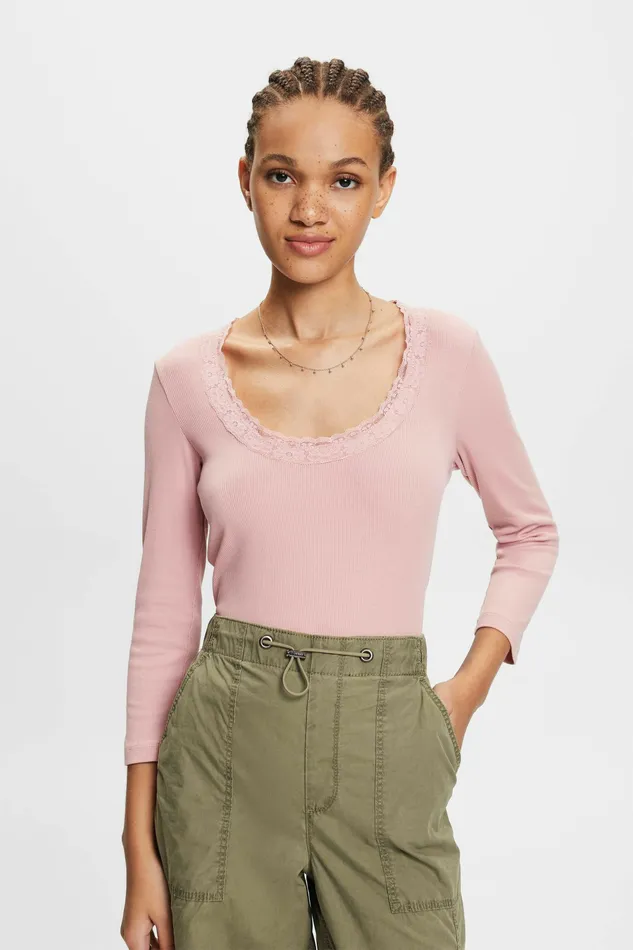 TShirts Tops Women Esprit Lace Trim Scoop Neck TShirt Old Pink