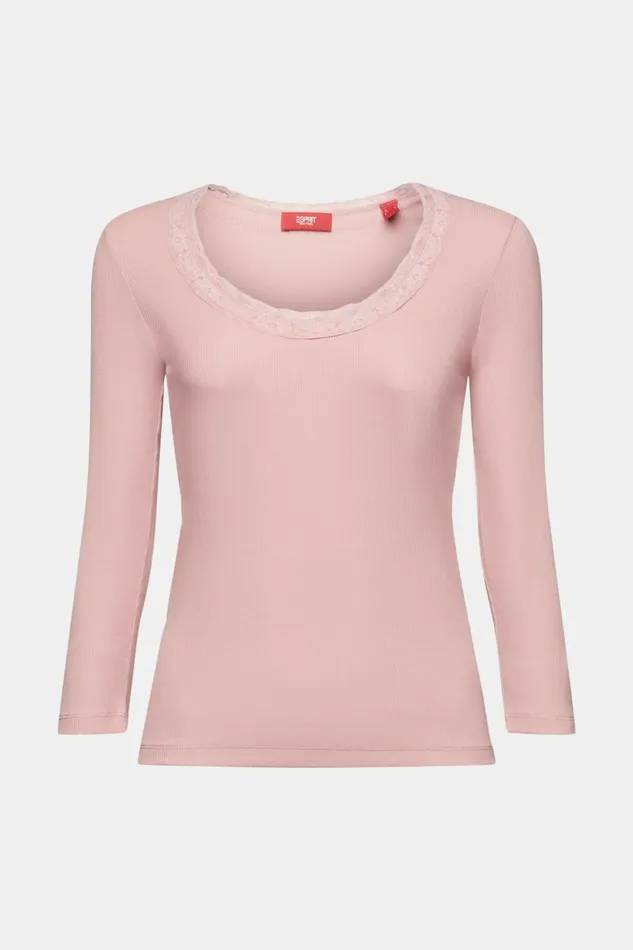 TShirts Tops Women Esprit Lace Trim Scoop Neck TShirt Old Pink
