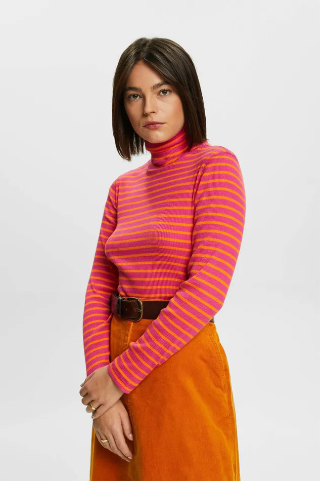 TShirts Tops Women Esprit Striped LongSleeve Turtleneck New Pink Fuchsia