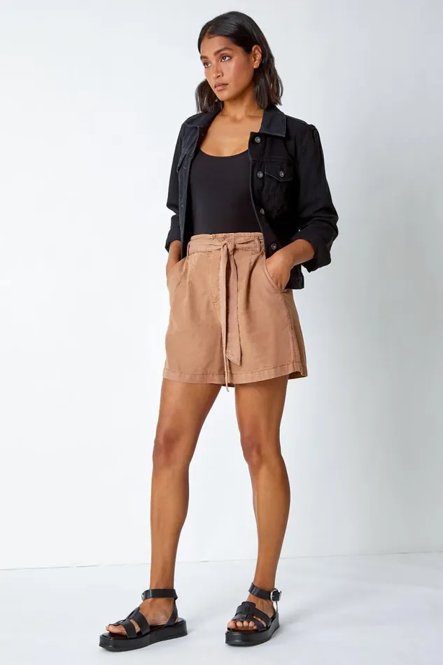Tan Relaxed Elastic Tie Waist Pocket Shorts Women Roman Trousers