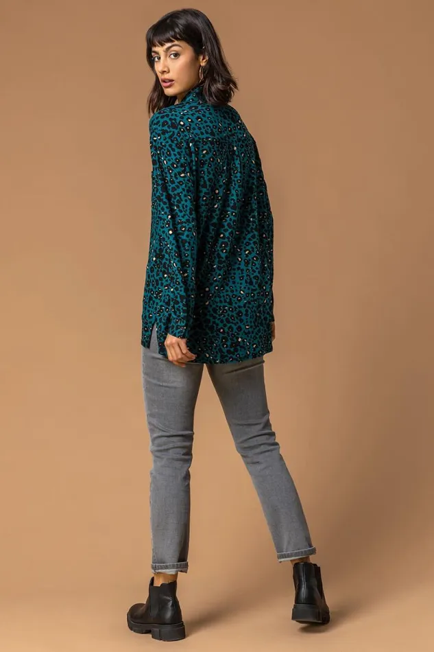 Teal Animal Print Jersey Buttoned Shirt Women Roman Tops