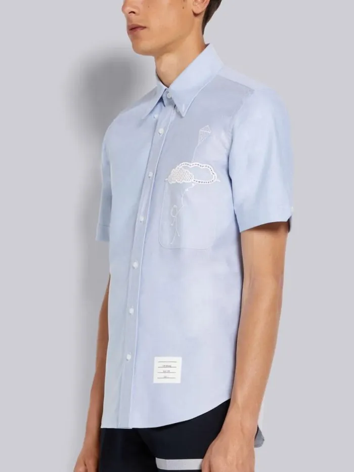 Thom Browne Broderie Anglaise Mr Thom With Kite Straight Fit Short Sleeve Shirt Light Blue Men Shirting