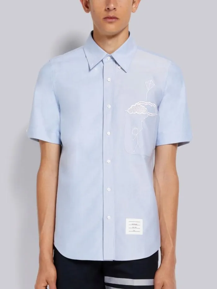 Thom Browne Broderie Anglaise Mr Thom With Kite Straight Fit Short Sleeve Shirt Light Blue Men Shirting