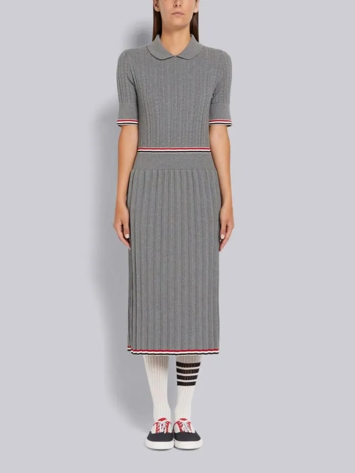 Thom Browne Cable Texture Overtwisted Cotton Stripe Framing And Waistband Pleated Below The Knee Polo Dress Light Grey Women Dresses Thom Browne Cable Texture Overtwisted Cotton Stripe Framing And Waistband Pleated Below The Knee Polo Dress Light Grey Women Dresses