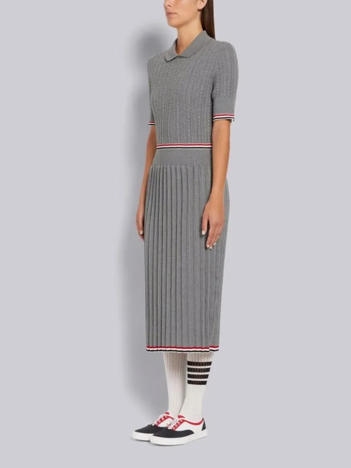 Thom Browne Cable Texture Overtwisted Cotton Stripe Framing And Waistband Pleated Below The Knee Polo Dress Light Grey Women Dresses