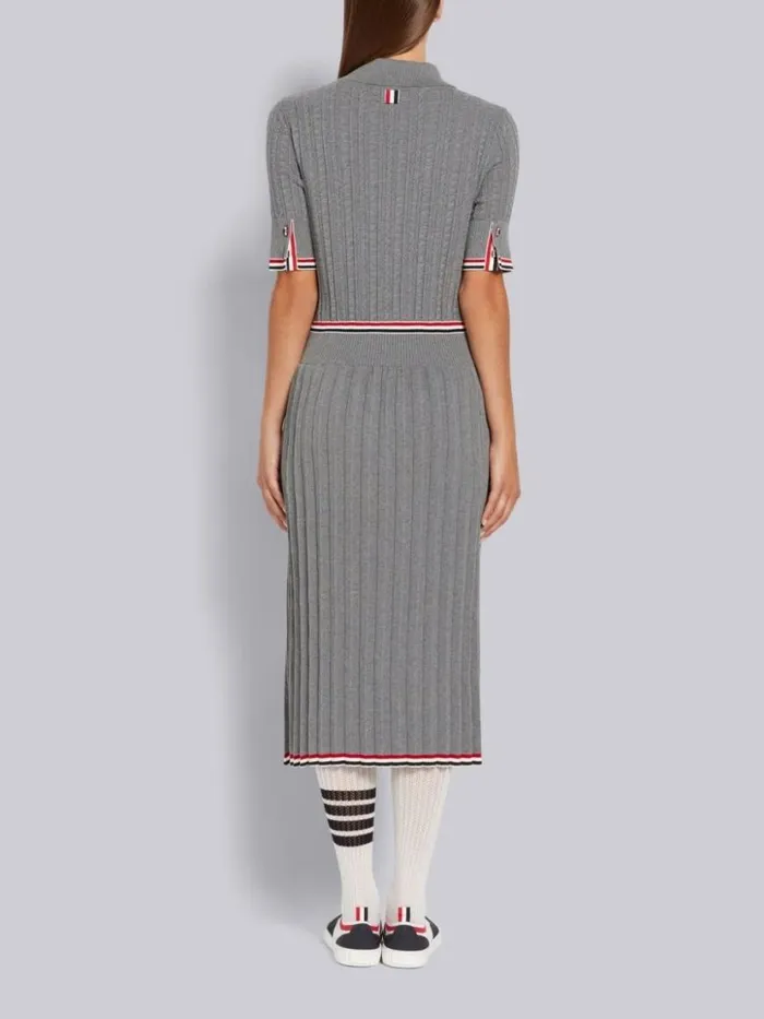 Thom Browne Cable Texture Overtwisted Cotton Stripe Framing And Waistband Pleated Below The Knee Polo Dress Light Grey Women Dresses