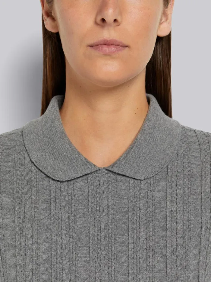 Thom Browne Cable Texture Overtwisted Cotton Stripe Framing And Waistband Pleated Below The Knee Polo Dress Light Grey Women Dresses